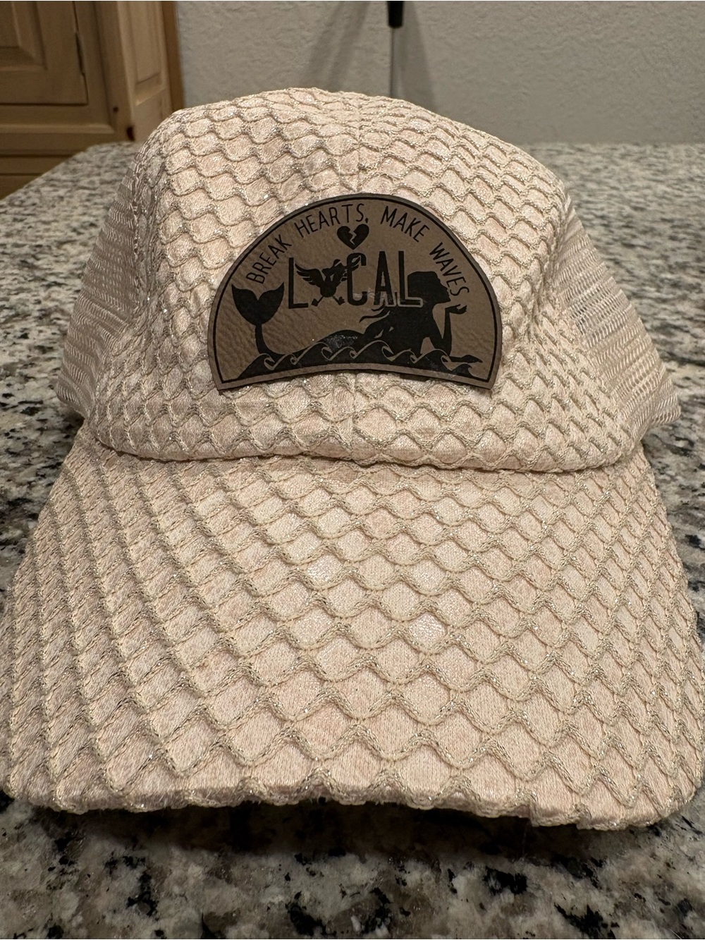 Mermaid Break Hearts Make Waves Beige Sparkle Mesh Trucker Hat